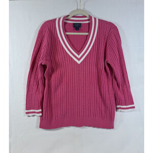 Y2K Chaps V-Neck Vintage Preppy Sweater Pink White Stripes XL Classic